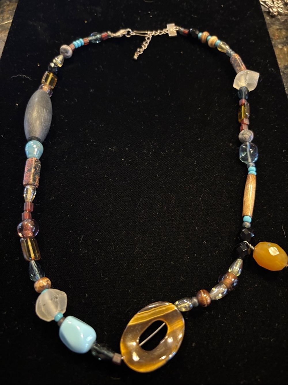 Sterling Silver Beaded Mixed-Color Women's Necklace with Amber Accent